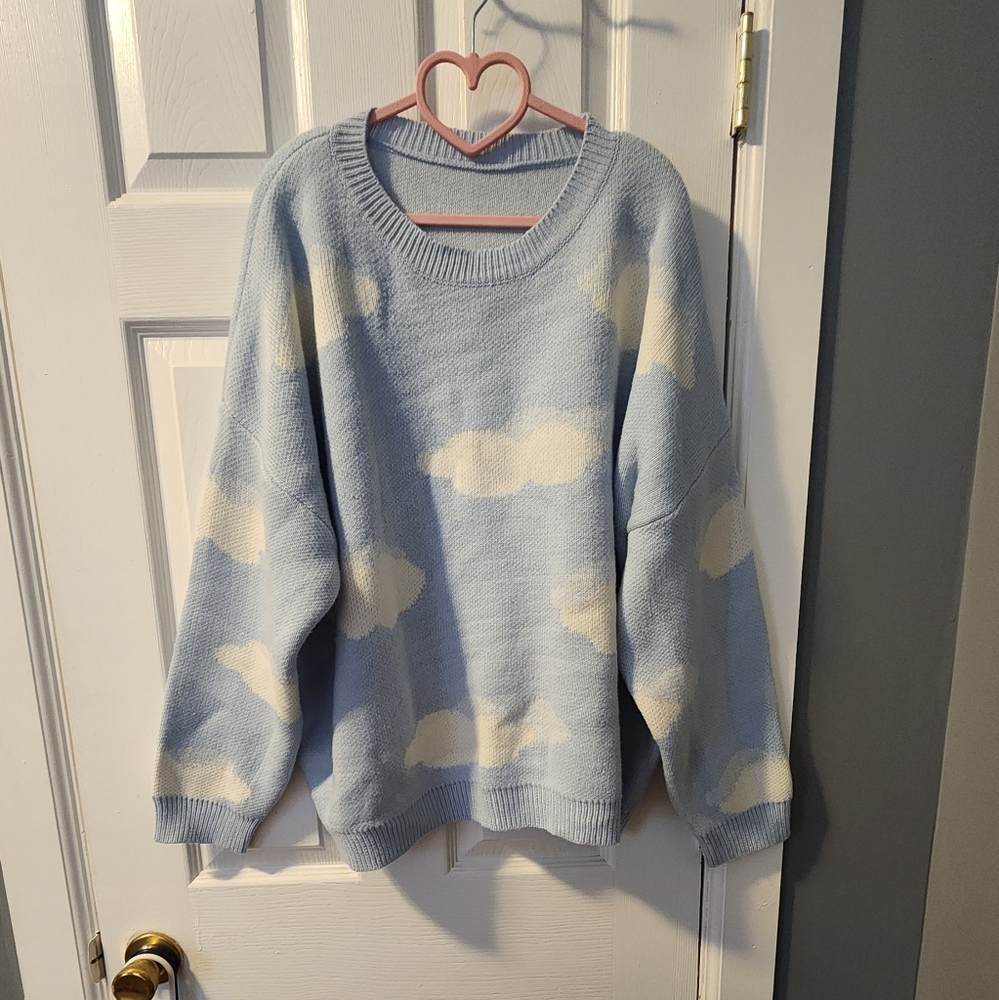 sky blue cloud print drop shoulder sweater